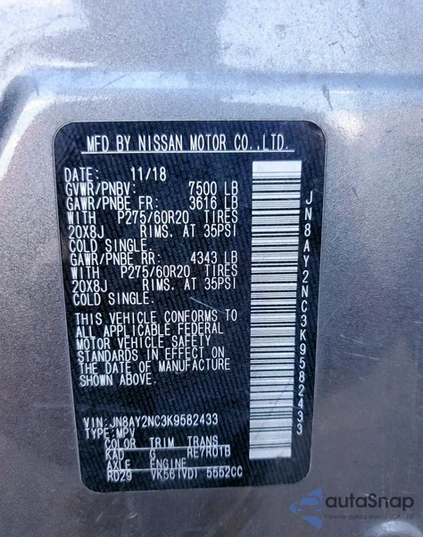 2019 Nissan Armada Sv z USA, uszkodzony, nr VIN JN8AY2NC3K9582433